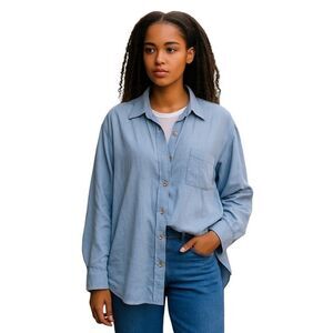 NEW Easel Oversized Small Classic Linen Blend Shirt Light Blue Denim Long Sleeve